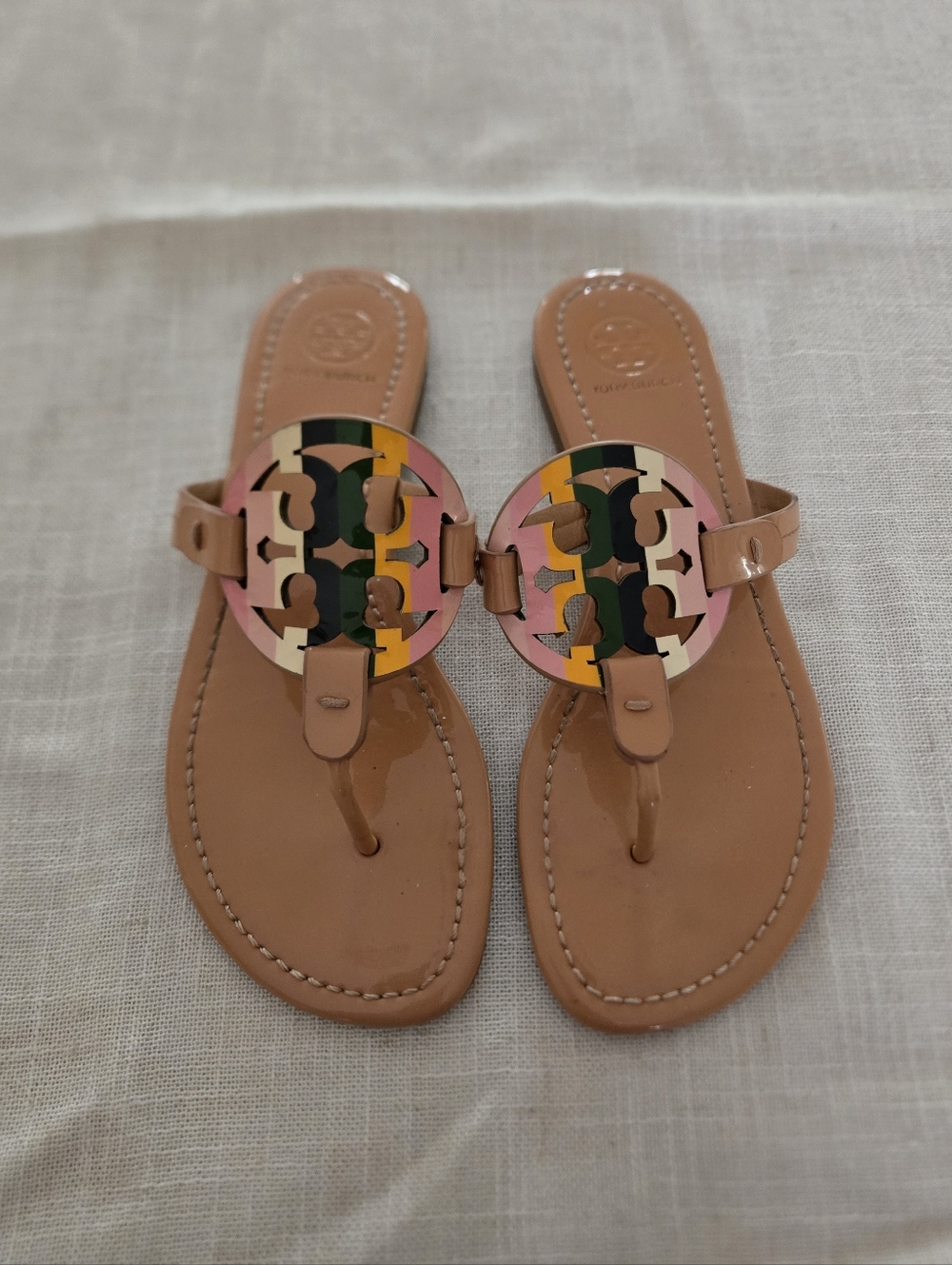 Tory Burch Tan Logo Medallion Thong Sandals